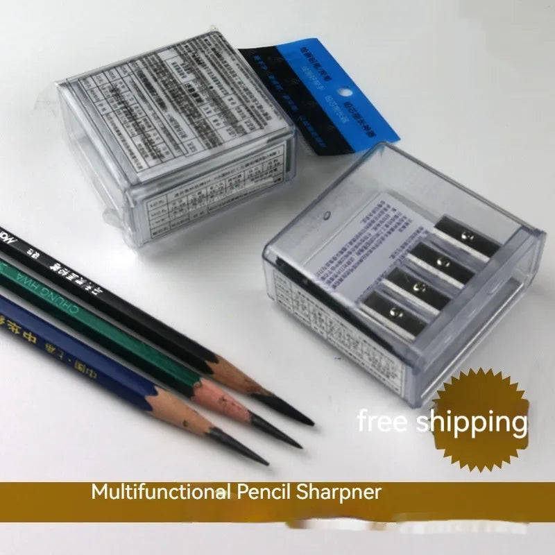 Geometric plastic pencil sharpener with four colour-coded holes and integrated screwdriver tool