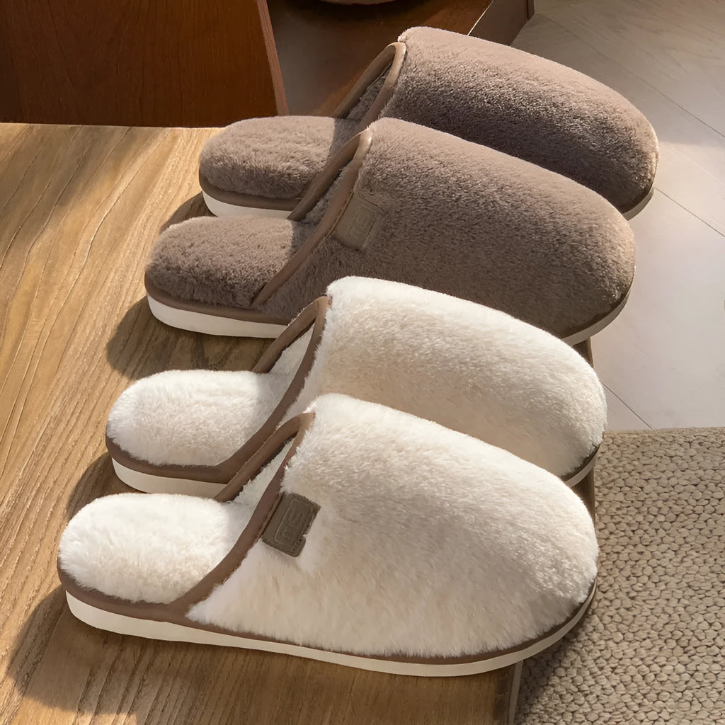 Solid colour winter plush slippers with PVC construction and non-slip sole