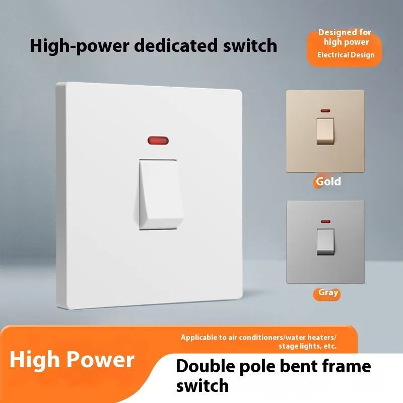 High-current illuminated switch socket for water heaters and air conditioners in gold, grey or white