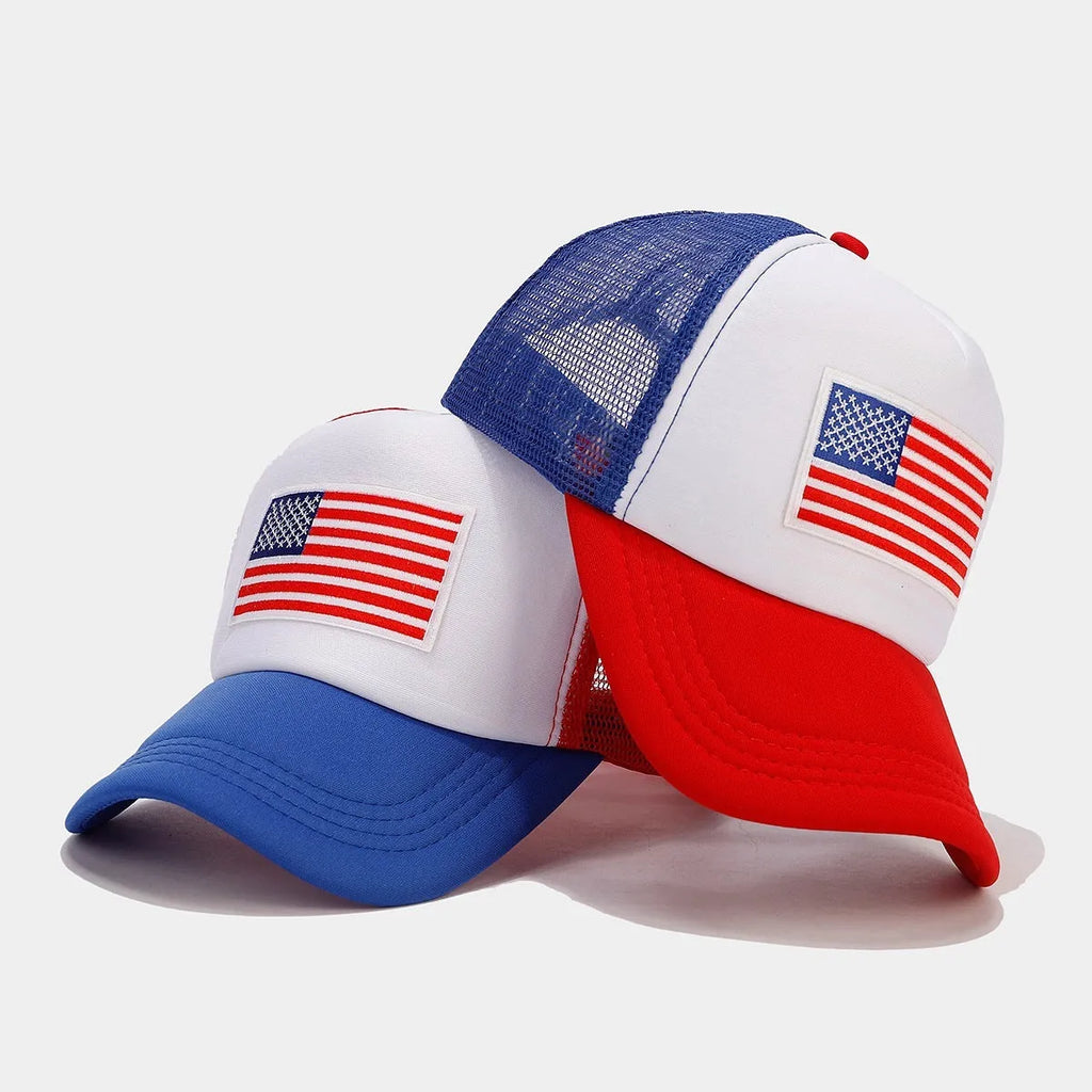 Red and blue contrast adjustable baseball cap with dome crown and mesh fabric