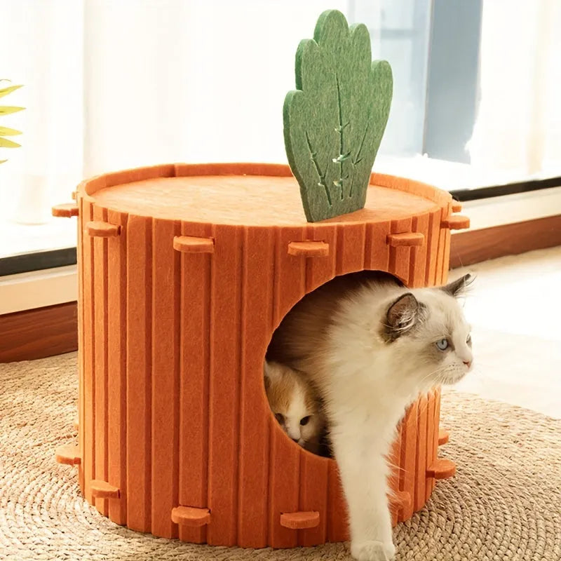 Carrot-themed cat nest with felt tunnel, semi-enclosed cattery in two size options.