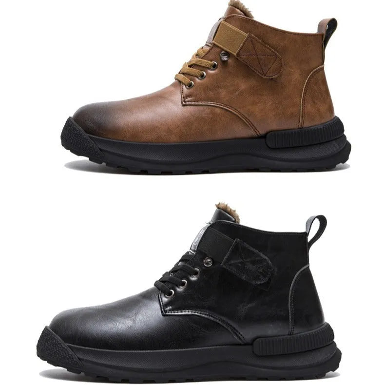 Men's black high-top platform Martin boots with velvet PU upper and rubber sole
