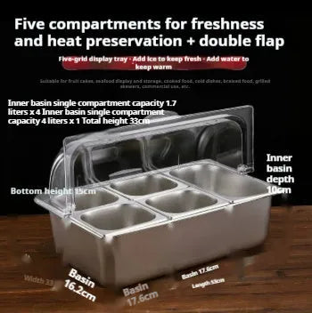 Stainless steel commercial dining plate display box with a removable lid and multiple inner compartments.