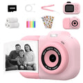 Children's plastic digital toy camera in pink, blue, or purple colour with screen, showing photo sticker function and games.