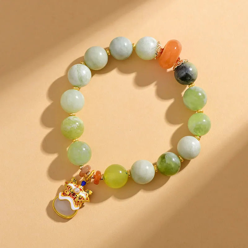 Handmade green milk-in-water jade bracelet with 10mm geometric retro beads for women.