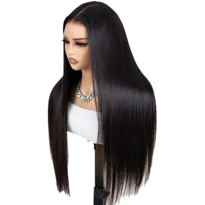 Straight black human hair lace front wig on a model, showcasing a natural hairline and long length.
