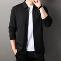 Men's polyester casual business jacket in apricot, black, or dark grey with long sleeves and straight hem.