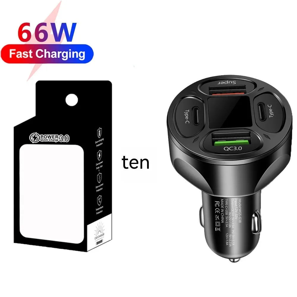 66W car charger with digital display, two USB ports, and two Type-C ports on a black plastic body.