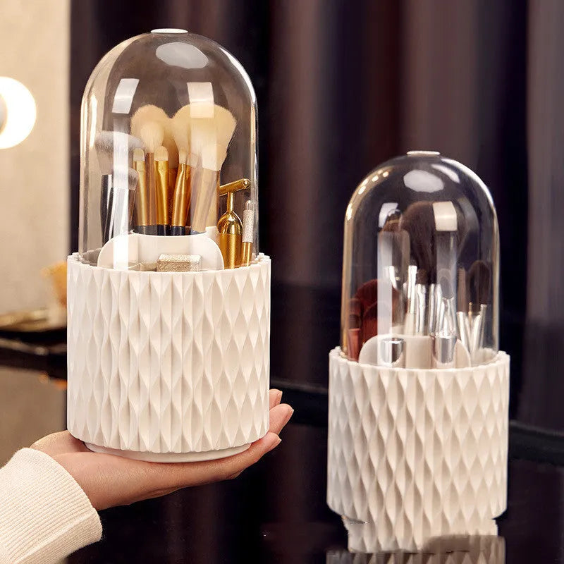 White transparent acrylic makeup brush storage box with rotating base and dustproof lid