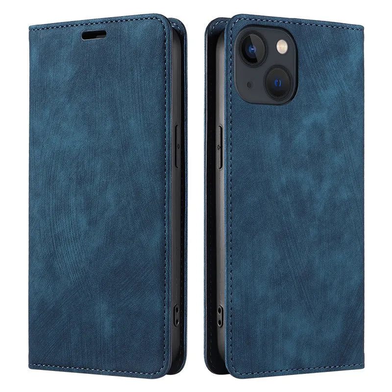 Magnetic flip phone case for iPhone in various colours showing leather and TPU construction