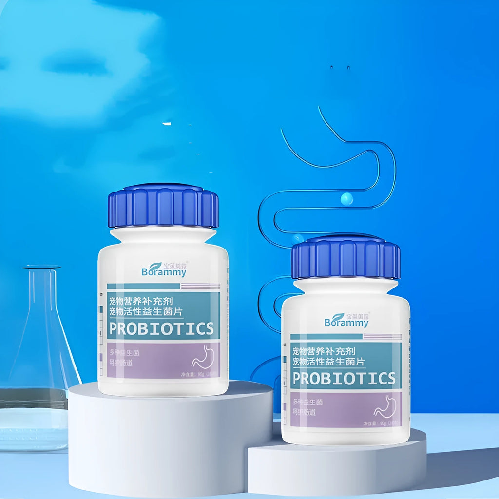 Bottle of 180 pet probiotic tablets with poultry flavouring for digestive health support