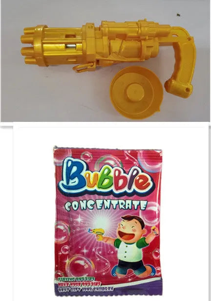 Kids plastic bubble machine gun toy in pink, gold, or black with battery compartment and removable bubble head.
