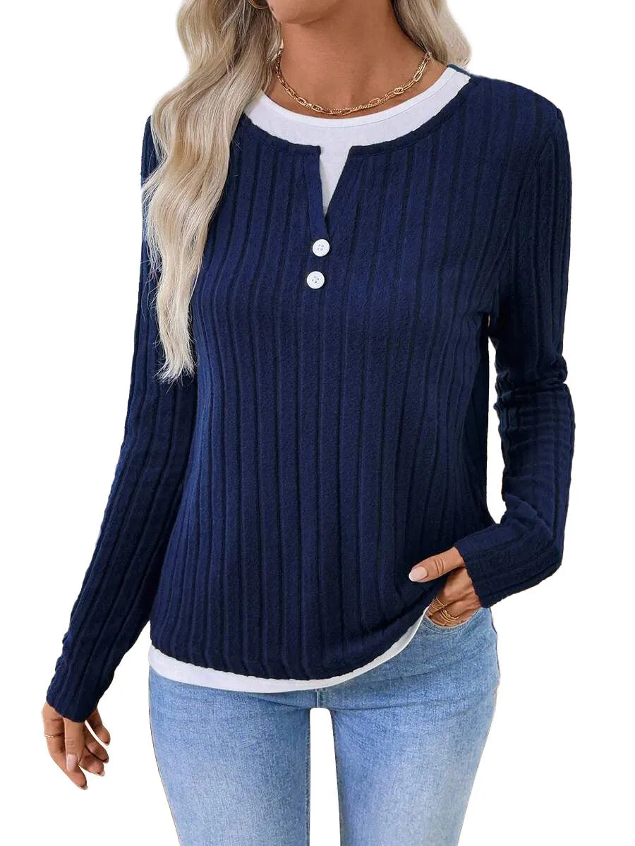 Women's fake two-piece round neck button pullover sweater in concave stripe polyester