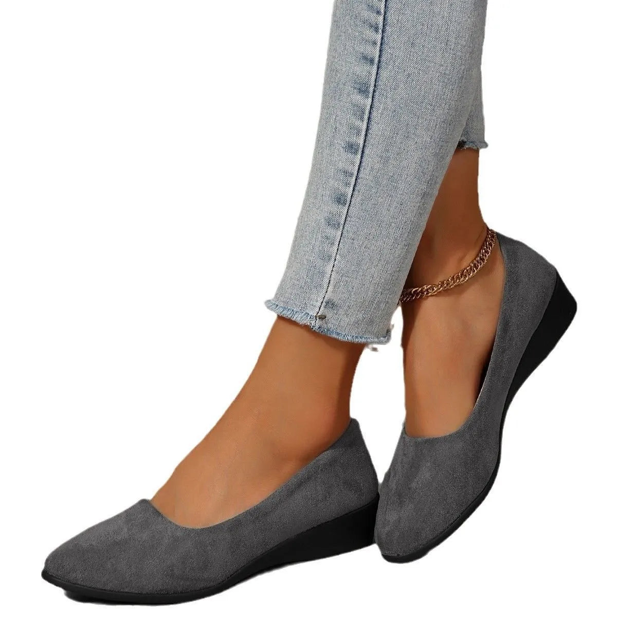 Women's suede wedge pumps with pointed toe and low rubber heel in various colours