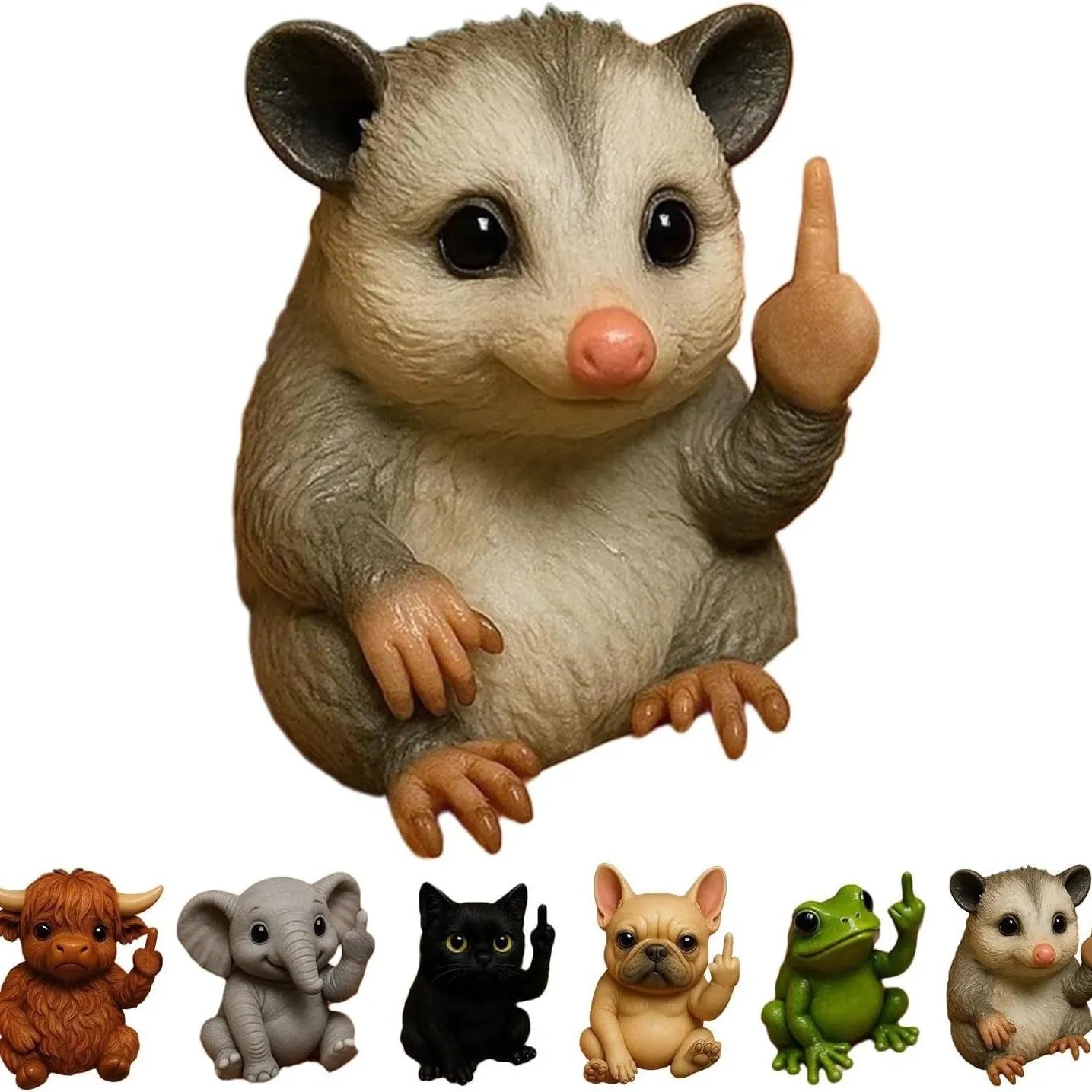Mini resin animal doll making a middle finger gesture, available in cat, dog, elephant, frog, Highland cattle, mouse, and turtle styles.