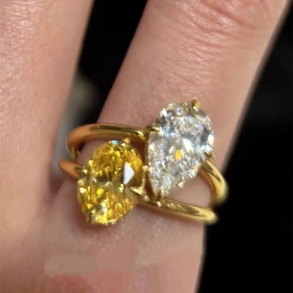 Women's copper geometric open ring with water drop double sheng stone decoration