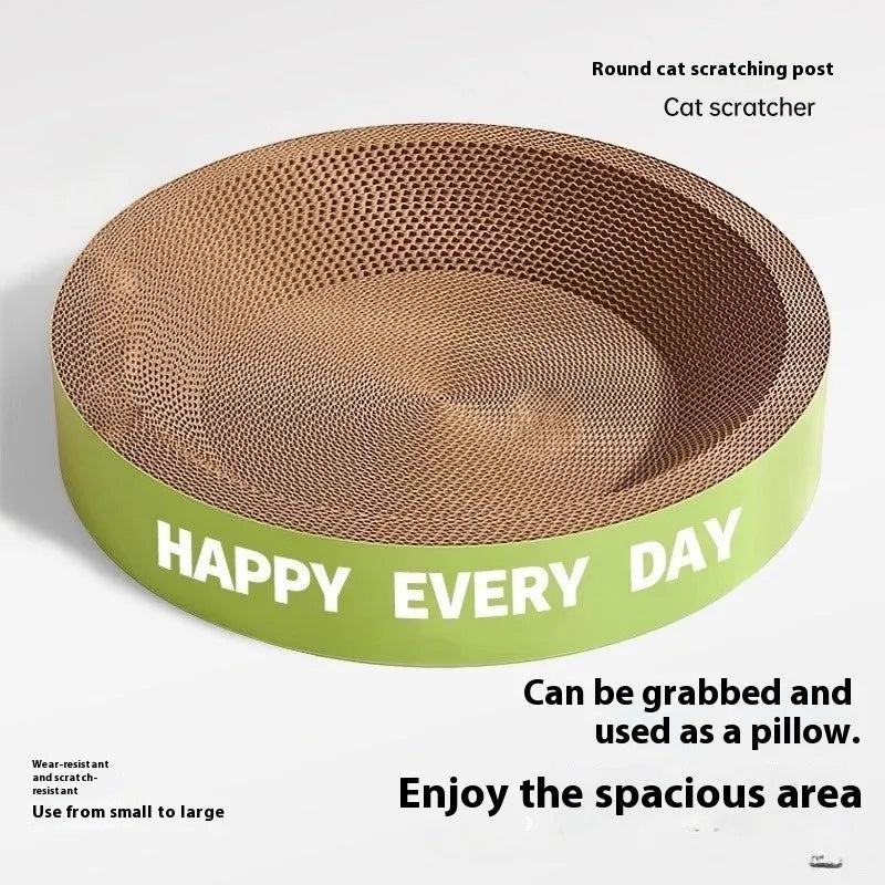 Green round scratching board cat nest showing simple design