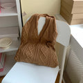GWomens retro hollow knitted shoulder tote bag in woolen yarn with double straps and large 55cm capacity