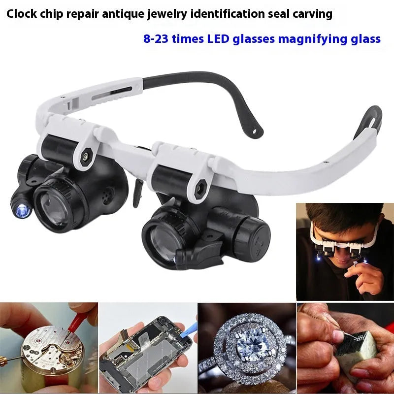 White head mounted magnifying glass with LED light, shown in unfolded position for use on a workbench.