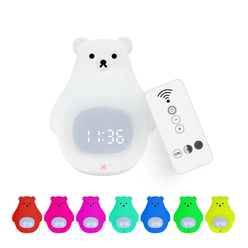 White silicone night light shaped as a cartoon bear with multi-colour LED illumination