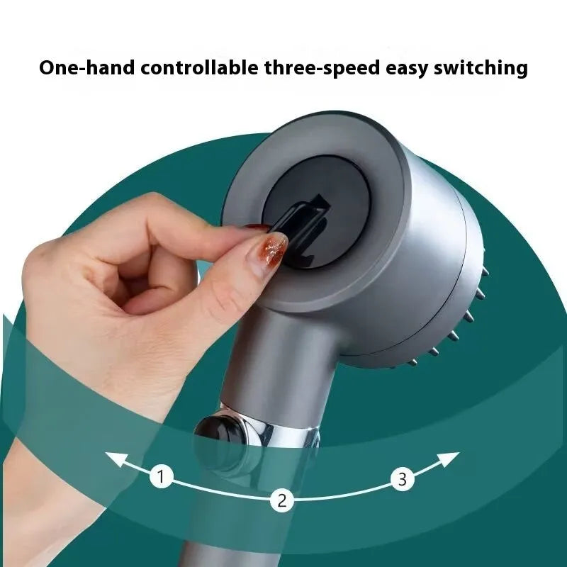 Portable white ABS shower head with three-gear dial for spray, massage, and rain functions.