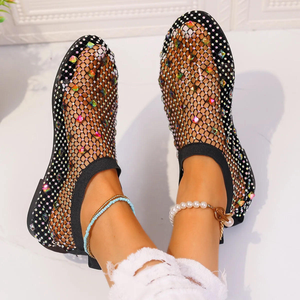 Women's colourful rhinestone mesh flat sandals with rubber sole