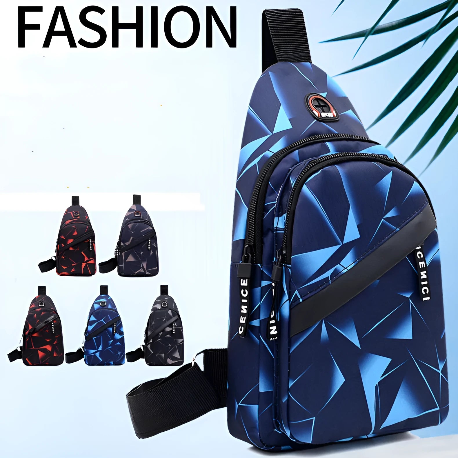 Blue print sling chest bag with a crossbody strap, showing the earphone hole and zipper opening.