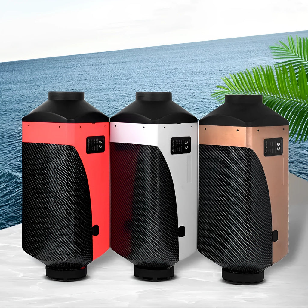 Red and black diesel air heater kit with fuel tank and components for vehicle cabin heating.