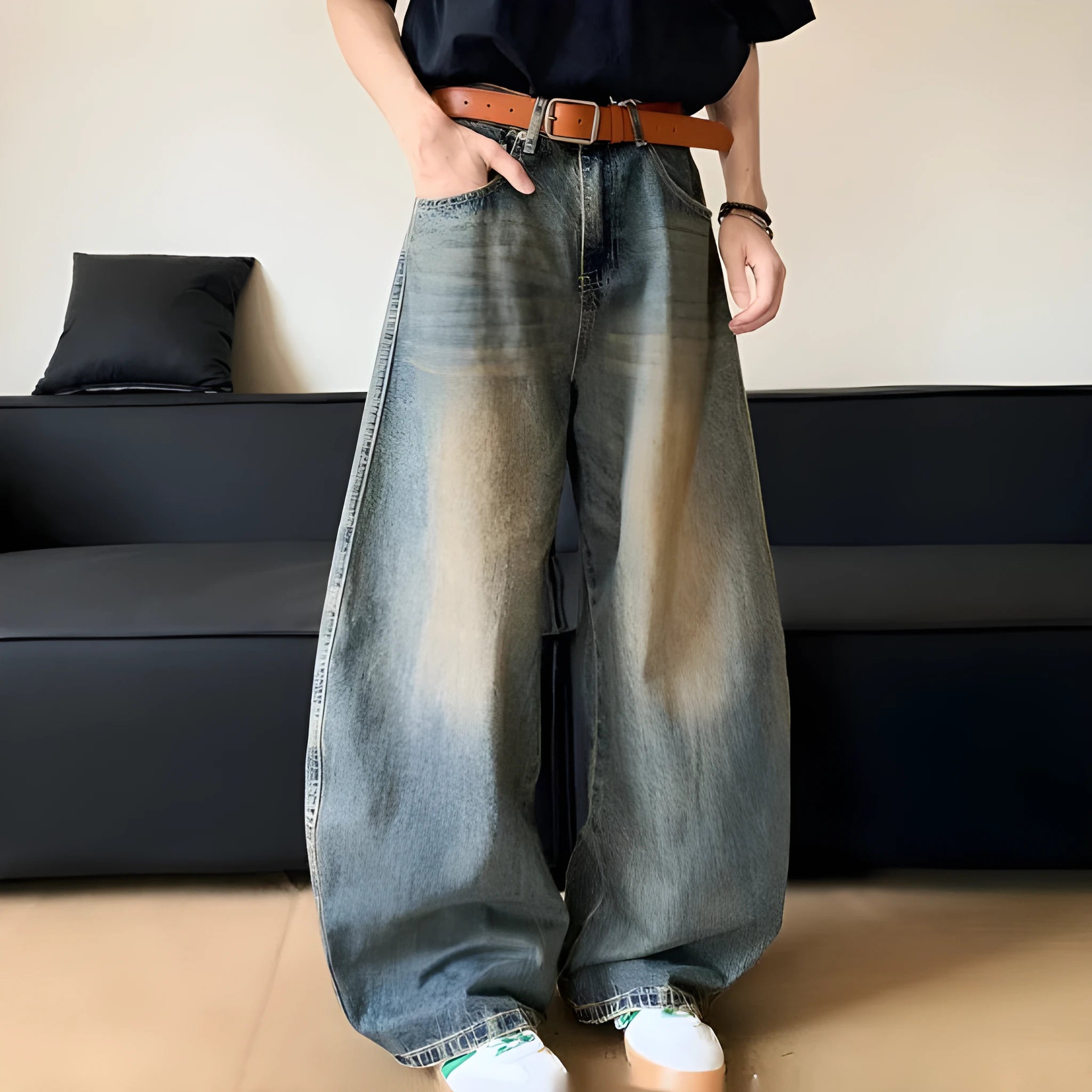 Men's retro blue distressed slim-fit wide-leg jeans on a model
