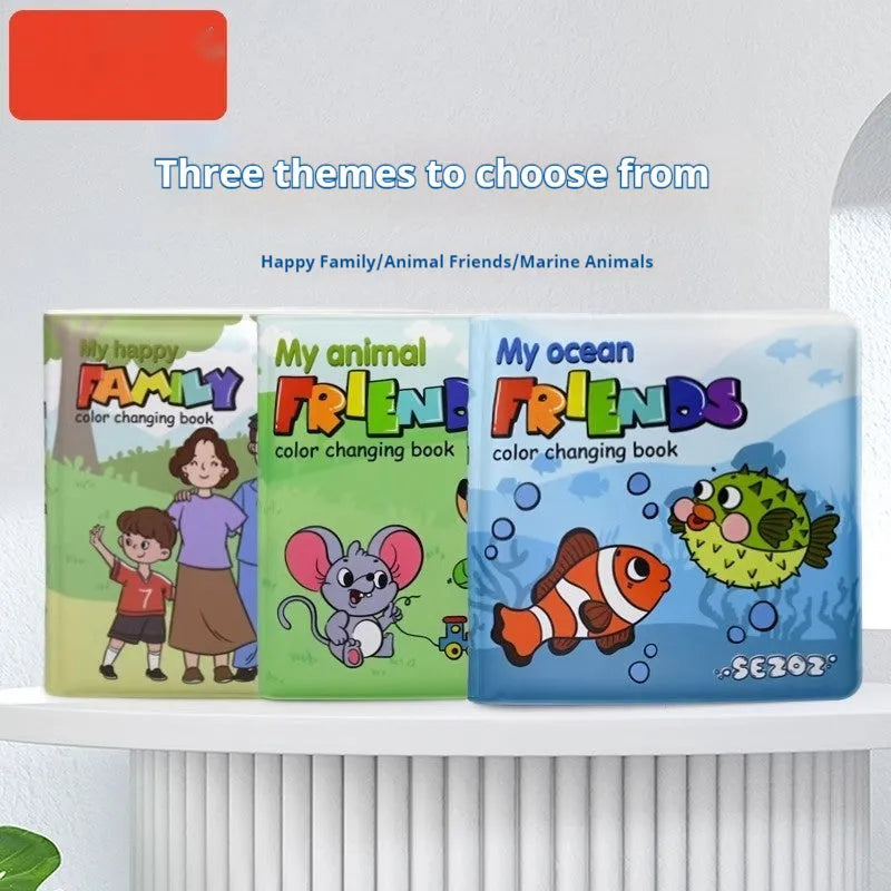 Colour changing bath book for babies with waterproof PEVA pages showing animal friends design