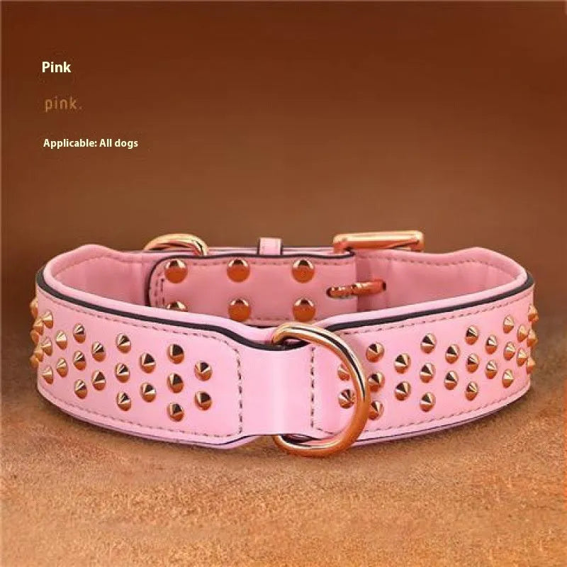 Leather dog collar with metal anti-bite rivets in black, chocolate, or pink colour options.