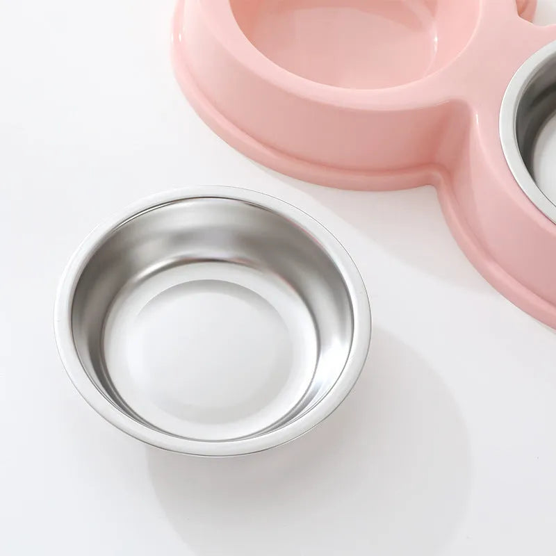 Stainless steel pet double bowl with frog design in blue, for food and water