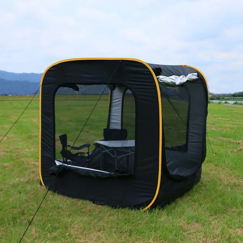 Black pop-up outdoor camping car tail tent with quick throw setup, unfolded to 200x200x200cm