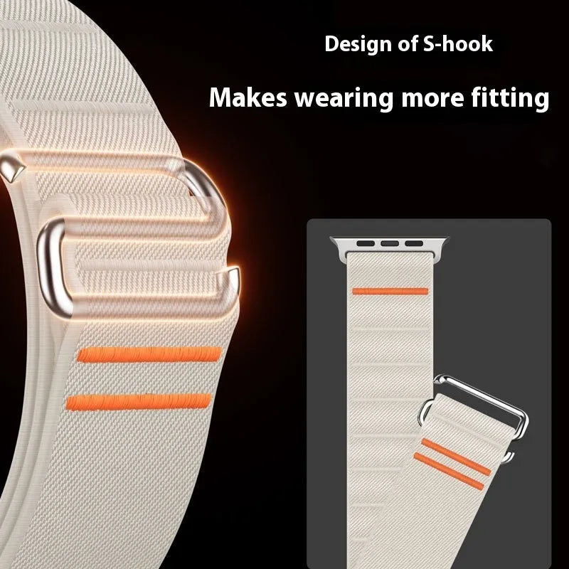 Elastic nylon Apple Watch replacement band with stainless steel buckle shown in multiple colour options.