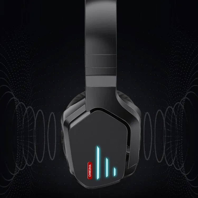 Luminous black wireless headphones with head-mounted design on black background