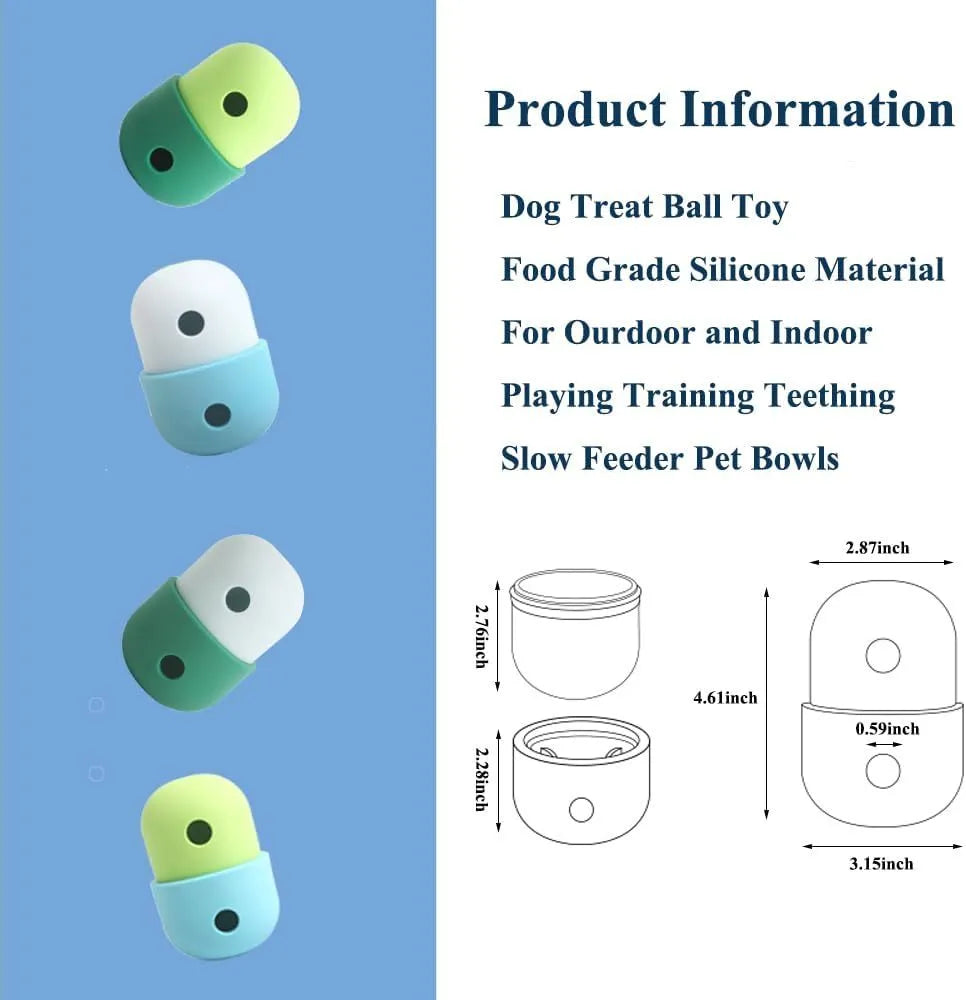 Food grade silicone dog treat puzzle ball in white with blue trim, measuring 8x11cm