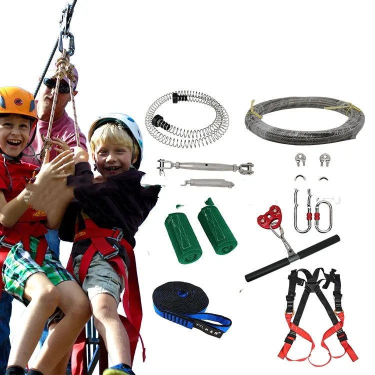 Children's outdoor pulley slide rope set with 10m cable, alloy steel pulley, and safety hardware