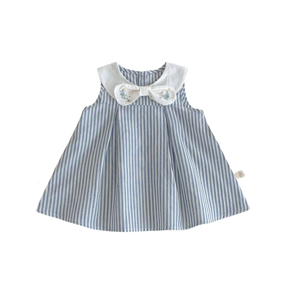 Soft fog blue cotton vest dress with bowknot embroidery for baby girls aged 73-120cm
