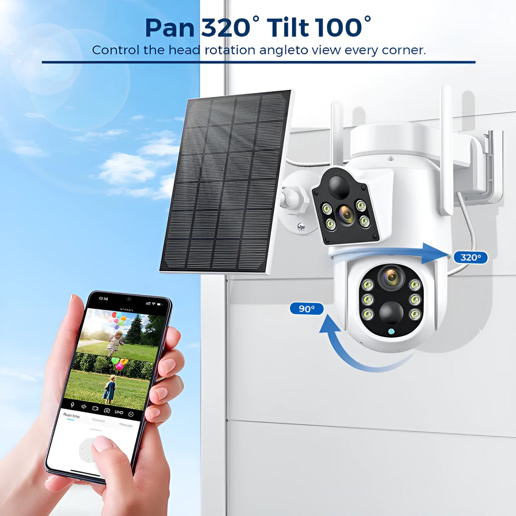 White outdoor solar security camera with solar panel on wall mounting