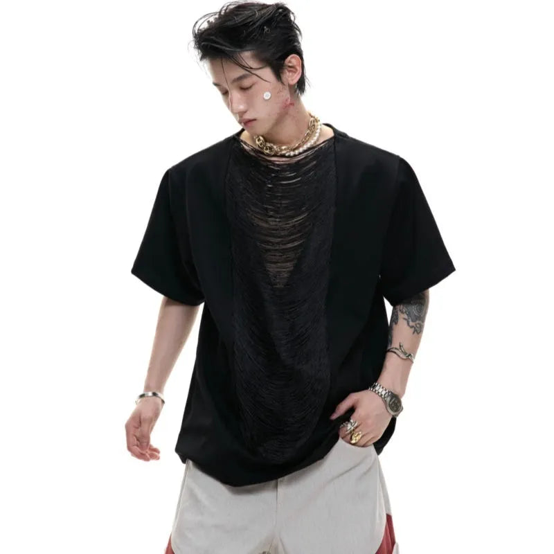 Men's loose black V-neck short sleeve T-shirt with tassel detail on hollow-out polyester fabric.
