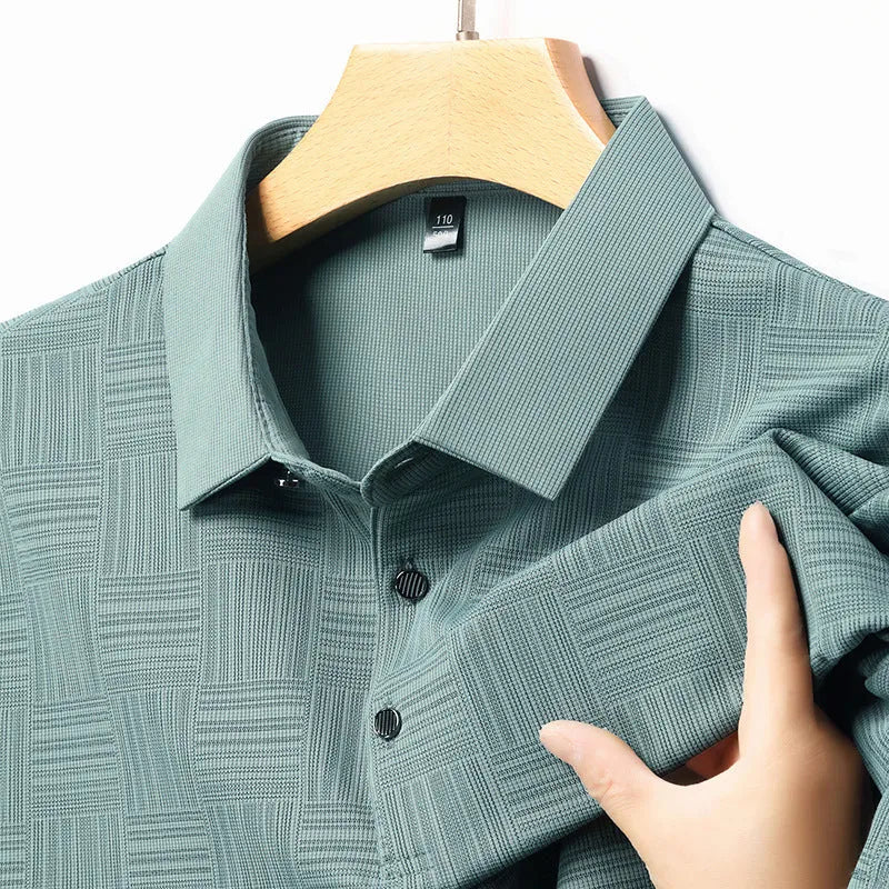 Men's slim fit lapel collar t-shirt in beige, made from a thin breathable fabric.