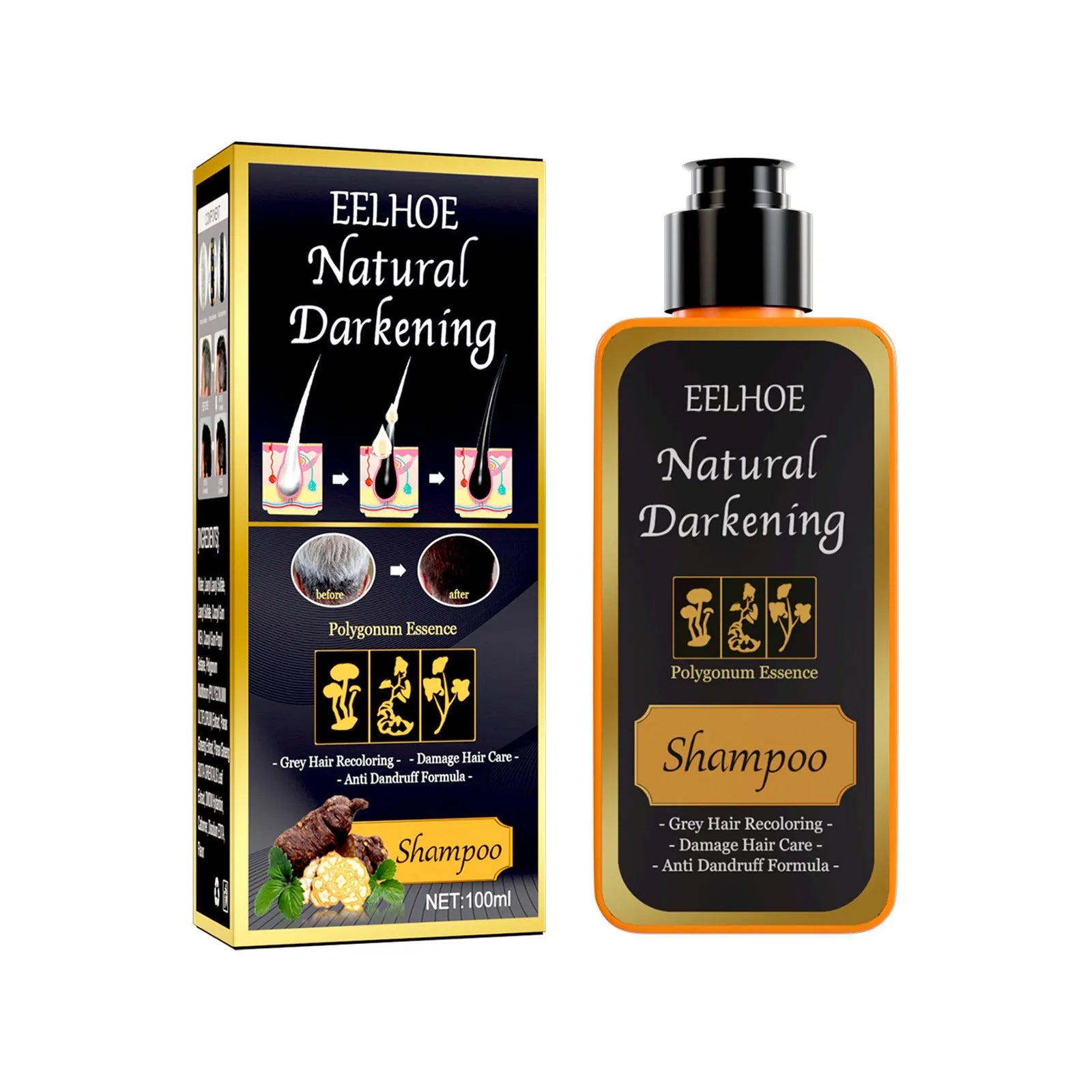 Boxed 100ml bottle of Polygonum Multiflorum Shampoo for black hair colour restoration and scalp care.
