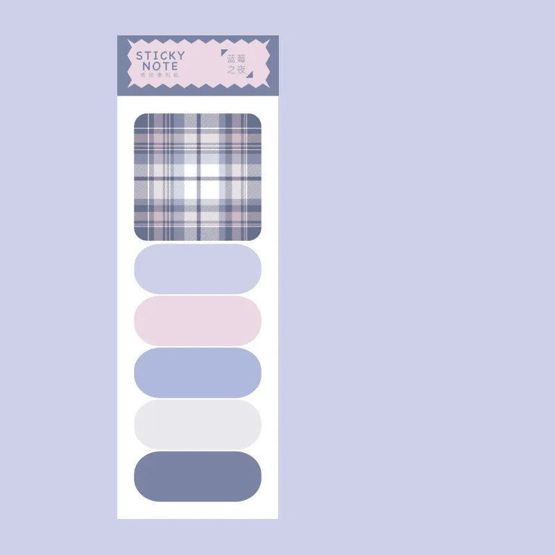 Set of six colourful plaid design sticky note memo pads, each with 20 sheets, showing various solid colours.