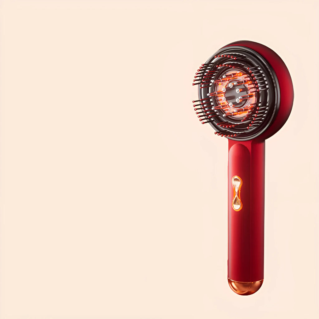 Black and red rechargeable massage hair comb with red and blue light therapy functions