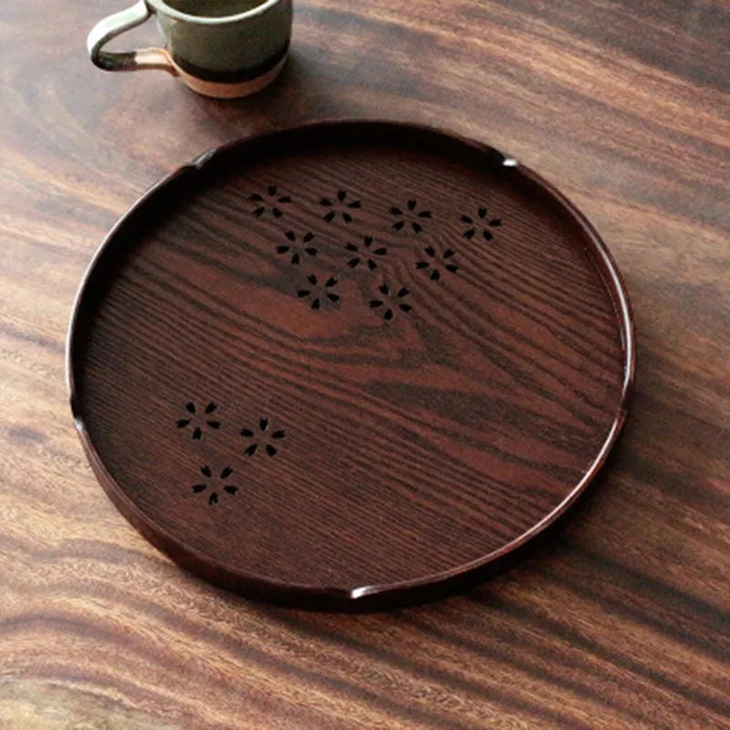Wooden shallow serving plate with hollow cherry blossom pattern, 30cm diameter