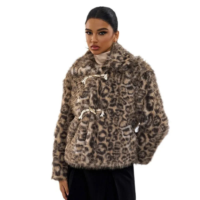 Women's leopard print polyester coat with buckle lapel closure in street fashion style