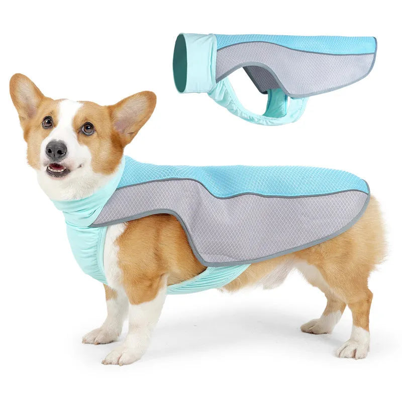 Light grey polyester dog cooling vest for heatstroke prevention on a medium-sized dog.