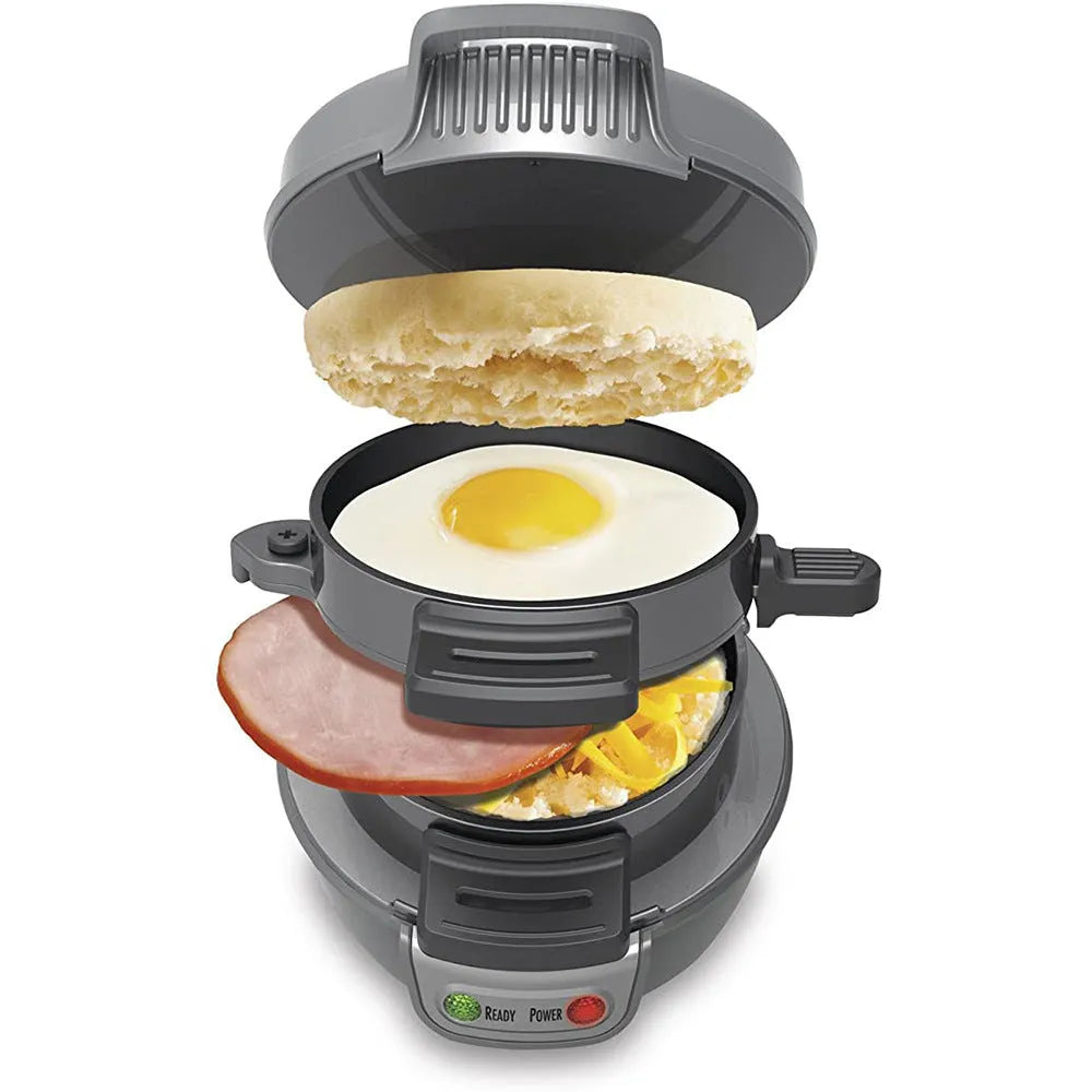 Breakfast sandwich maker with egg cooker ring in red orange or grey with two baking trays