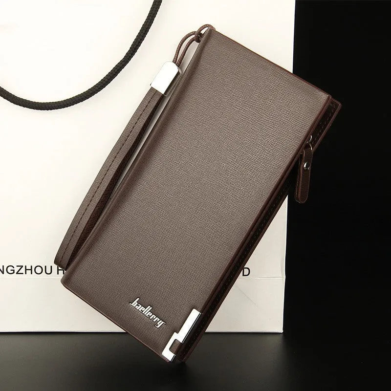 Men's long black PU leather wallet with a silver zipper closure laid flat.