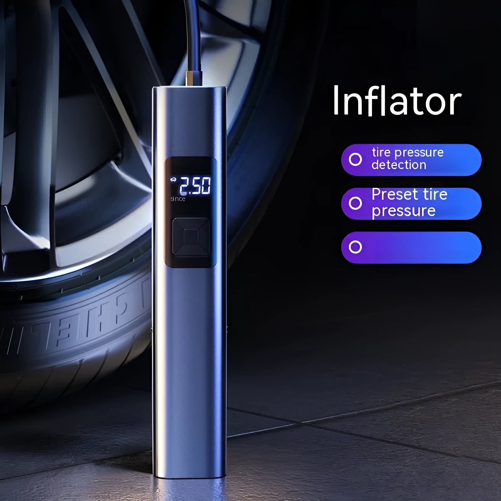 Wireless digital display car air pump and vacuum cleaner with LED light, Type-C port, and storage bag.